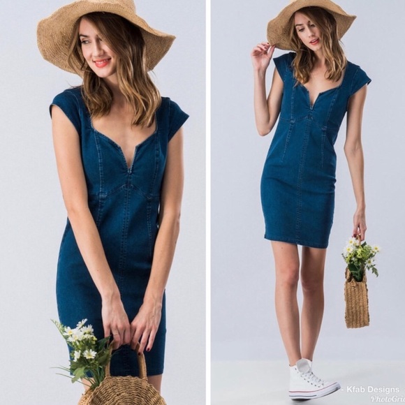 Denim v neck zip back mini dress size medium - Picture 5 of 10